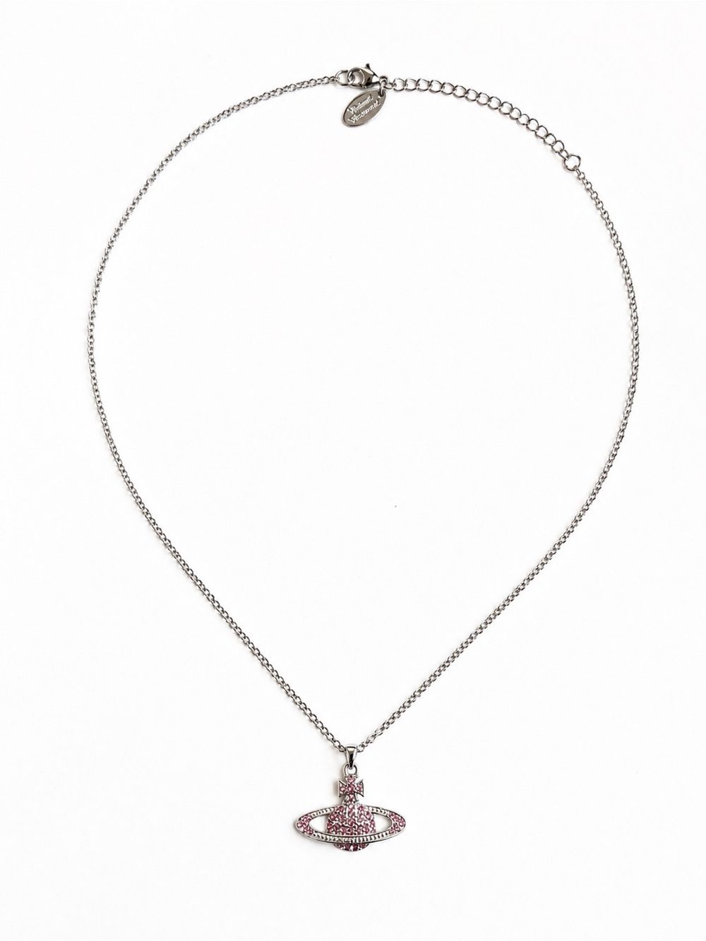 Vivienne Westwood Silver Pink Crystal Orb Pendant Adjustable Choker Necklace